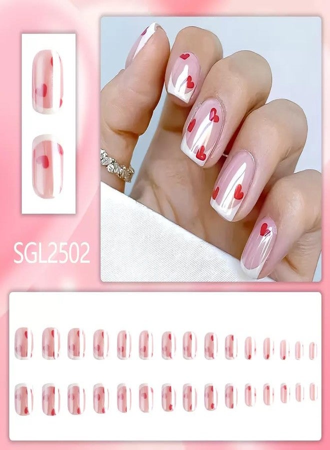 Sevgob Press on Nails Valentines Short Square Fake Nails with Heart Design Love Glue on Nails Reusable Full Cover Nails for Women Girls Manicure 24pcs BAQ10 - Image 2